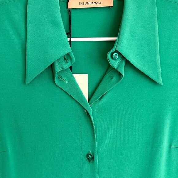 NWT THE ANDAMANE Ginevra Long Sleeve Mini Shirt Dress in Green Size 42 US 6 - Picture 4 of 7